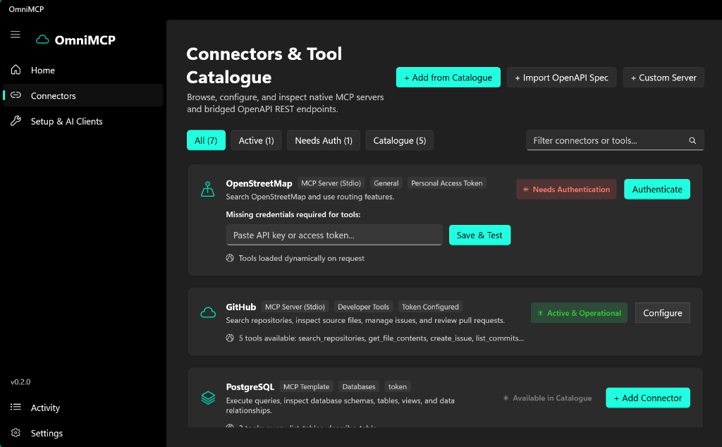 Connectors & Tool Catalogue: Managing active MCP servers, OpenAPI REST bridges, and credential security