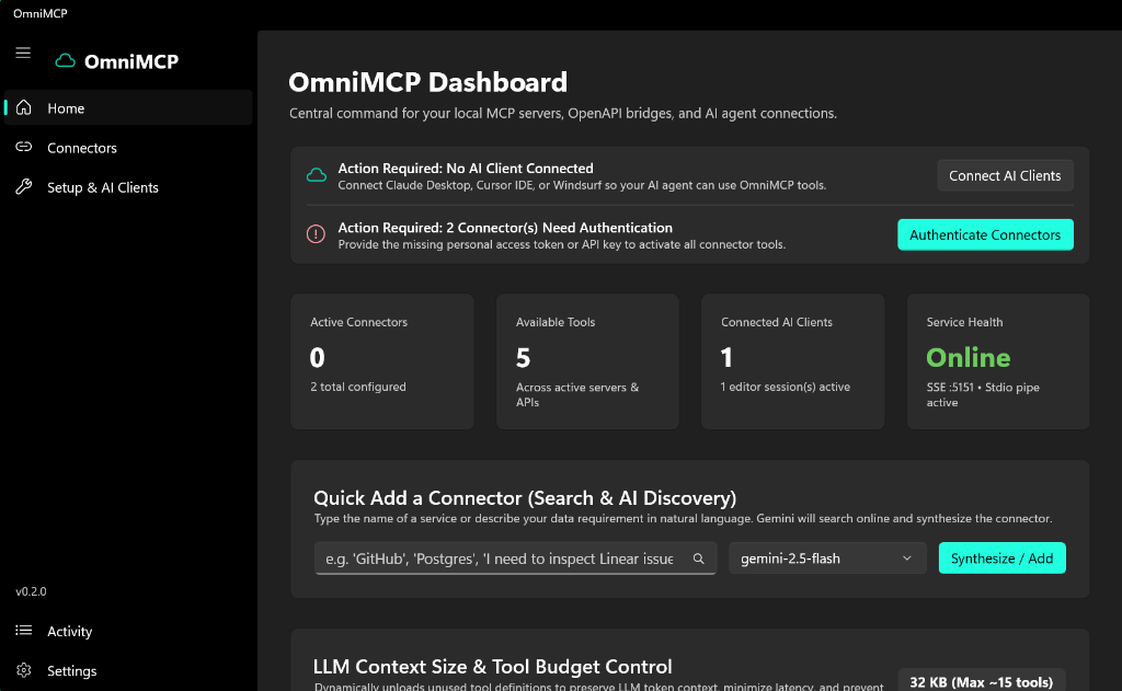 OmniMCP Dashboard: Central command for local MCP servers, OpenAPI bridges, and AI agent connections