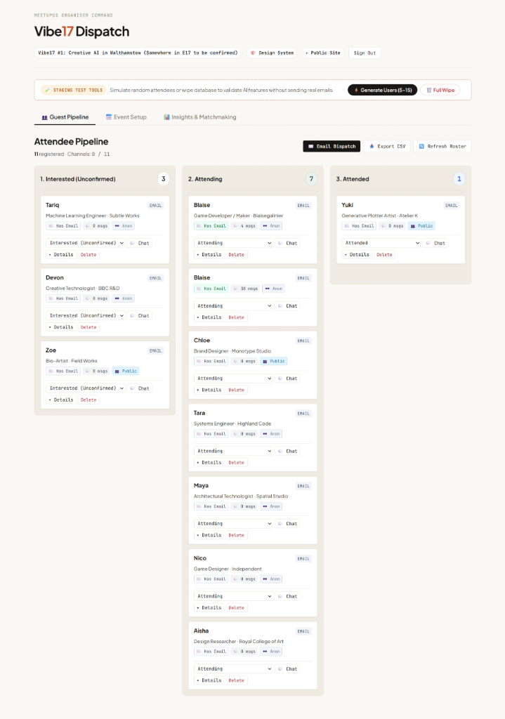MeetupOS Organiser Command: Real-time attendee pipeline, stage tracking, and staging test tools